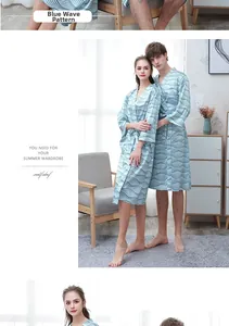 Detail of light blue wavy stripes on silky ice silk bathrobe for summer loungewear