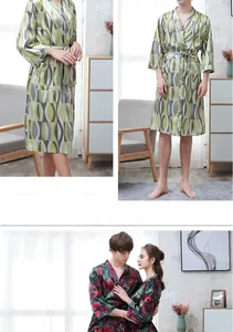 Detail of couple's ice silk bathrobes featuring vibrant geometric and floral prints