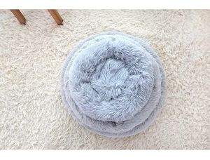 Nesting set of light grey plush pet beds showing three sizes in soft faux fur material