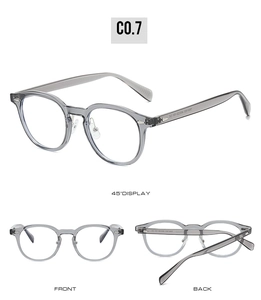 Detailed three-view layout of transparent grey TR90 round frames with metal hinges