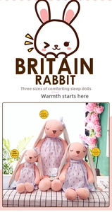 Three sizes of plush rabbit dolls with floral dresses in 45cm 55cm and 65cm lengths