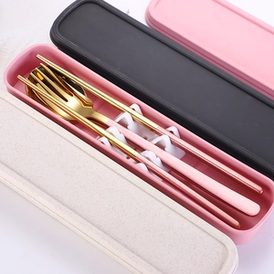 Pink portable travel cutlery set with golden 304 stainless steel spoon and chopsticks