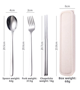 Detailed dimensions of 304 stainless steel cutlery set with portable storage case
