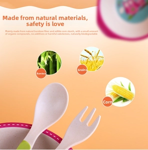 Detail of eco-friendly bamboo fiber and corn starch material for children tableware set