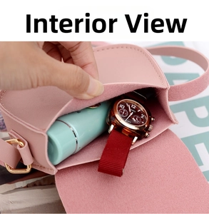 Internal view of mini pink crossbody bag showing capacity for small essentials