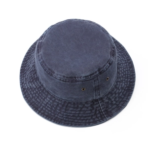 Unisex washed navy denim bucket hat with metal eyelets and stitched brim for sun protection