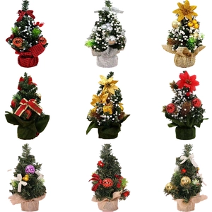 Mini 20cm Christmas trees with festive ornaments and colorful fabric wrapped pots