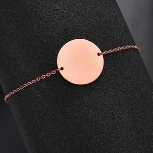 Polished rose gold stainless steel round disc bracelet with minimalist link chain
