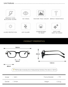 Detailed size specifications for rectangular TR90 glasses frame with spring hinges
