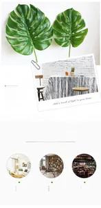 Detailed views of artificial monstera leaves in various home decor and dining settings