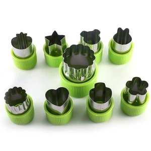 9pcs stainless steel vegetable and fruit cutters with green protective handles for kids