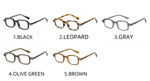 TR90 square eyeglasses frames shown in black, leopard, gray, olive green, and brown colors