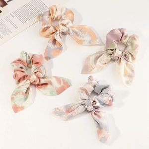 Korean Style Colorful Tie-Dye Marble Print Scrunchies With Long Ribbon Bow Elegant Cloth Hair Ties For Women Girls