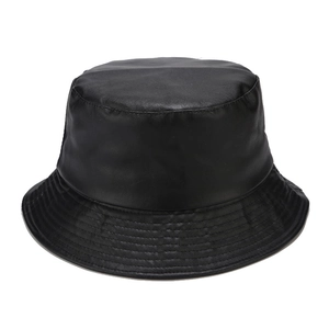 Classic black PU leather bucket hat for women with minimalist plain texture and sun protection