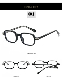 Macro detail of TR90 square frames with reinforced metal hinges and sleek black finish