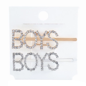 Detail of BOYS rhinestone metal hair clips in gold and silver set on white card