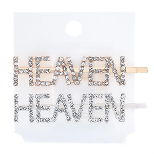 Detail of HEAVEN letter hair pins with sparkling rhinestones in gold and silver finish