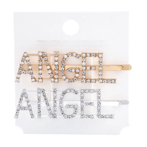Detail view of ANGEL rhinestone bobby pins in gold and silver finish on a display card