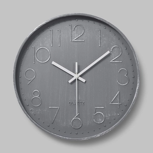 Minimalist 12 inch round silent quartz wall clock with industrial grey brushed texture
