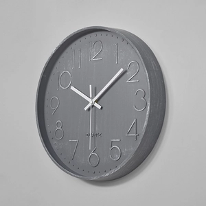 Modern 12-inch silent wall clock with 3D embossed numerals and matte grey finish