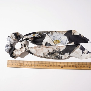 Black floral satin hair tie scarf with elegant white patterns for women's ponytails