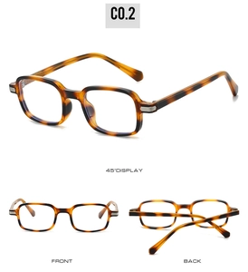 Three-view display of tortoise square frames showing front, back, and 45-degree angle details