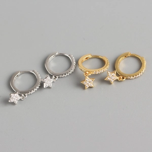 Star Pendant Huggie Hoop Earrings 925 Sterling Silver Cubic Zirconia Inlaid Minimalist Dainty Jewelry For Women