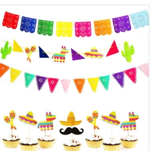 Colorful Mexican Papel Picado banner set with cactus and pinata party decorations