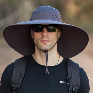 Outdoor waterproof sun hat for men with wide brim and breathable mesh in dark grey