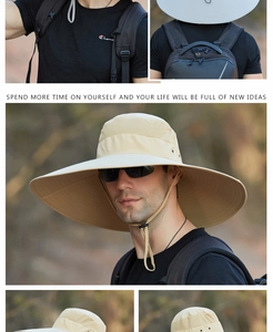 Detail of the khaki sun hat showing breathable side mesh and adjustable windproof cord