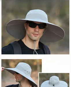 Detail of light grey waterproof sun hat with wide brim and breathable mesh vents