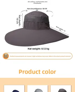 Detail showing 15cm wide brim dimensions and mesh design for waterproof sun hat