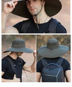 Detail of waterproof sun hat with wide brim, mesh vents and adjustable chin strap