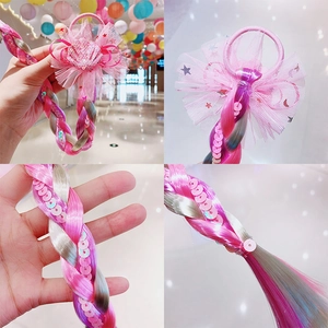 Girl's pink unicorn wig hair rope with glitter sequin mesh flower and braided hair