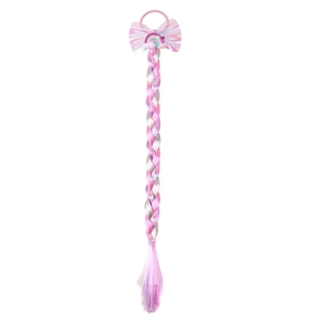 Kids unicorn braided hairband with pink bow, rainbow cloud charm and colorful wig extension