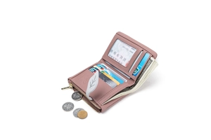 Detail showing the internal storage layout of the pink daisy bifold leather wallet