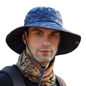 Cappello da sole a tesa larga con scaldacollo in mimetico blu e laccetto regolabile