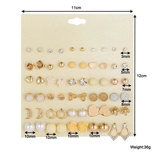 Detailed size map of 30 pairs stud earrings set featuring floral and crystal designs