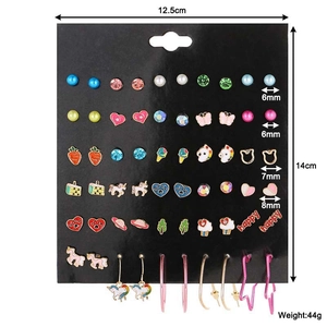 Close-up of 30 pairs of colorful alloy stud earrings with diverse cute enamel patterns
