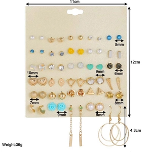 Detail view of 30-pair fashion earring set with size measurements and pearl accents