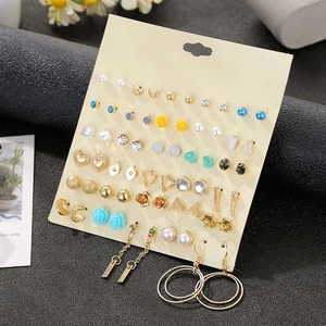 Detail of 30 pairs multi-style alloy stud earrings set with rhinestones on card