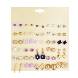 Detailed set of 30 assorted floral and geometric stud earrings with rhinestones