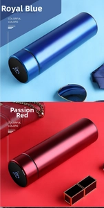 Detail showing the smart LED temperature display lid of blue and red thermos cups