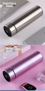 Detail view of smart vacuum flask with LED temperature display in steel and rose gold
