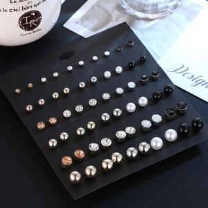 30-pair fashion stud earring set with pearls and crystals on black display card