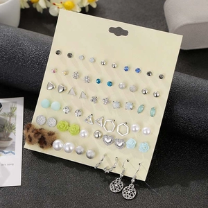 Detailed view of 30 pairs of alloy stud earrings featuring pearls and rhinestones on card