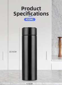 Detail view of black 450ml smart vacuum flask showing dimensions on marble surface