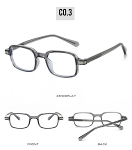 Three views of TR90 square anti-blue light glasses in grey with golden metal hinge details