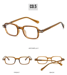 Three-way view of square TR90 brown translucent eyeglasses with spring hinges