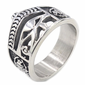 Retro stainless steel Eye of Horus and Ankh cross wide ring with Egyptian relief